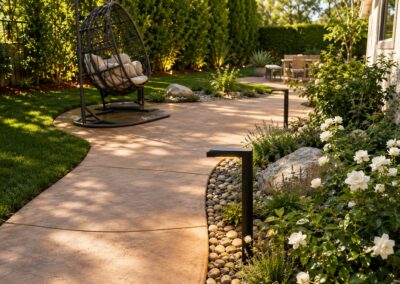 Modern hardscape design featuring decorative concrete walkways, landscape lighting, and outdoor living space in Simi Valley