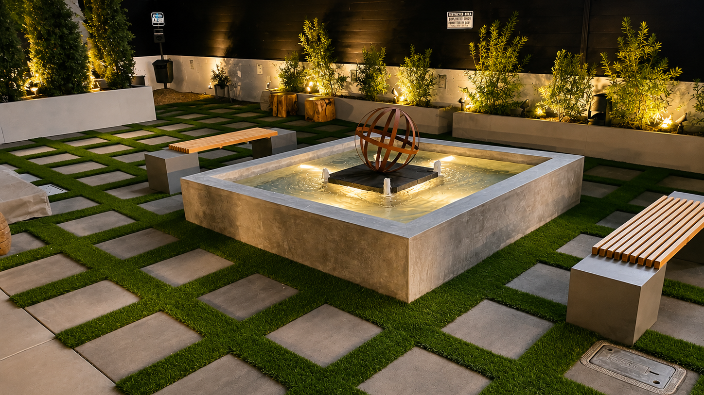 Modern outdoor lighting and hardscape design featuring illuminated water feature, paver walkways, and artificial turf landscape