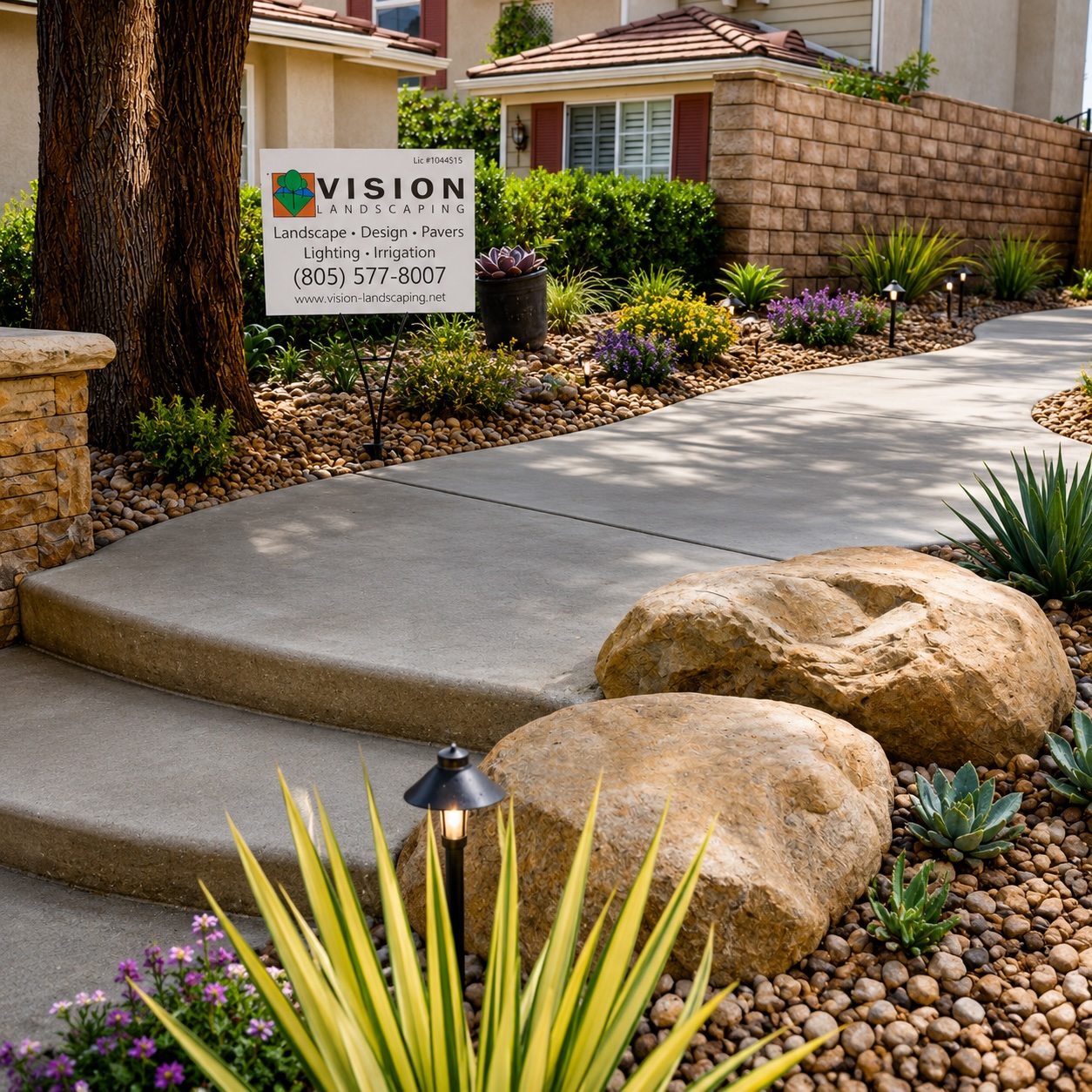 Custom outdoor living and hardscape landscape design with decorative lighting, concrete walkways, and drought-tolerant landscaping in Simi Valley